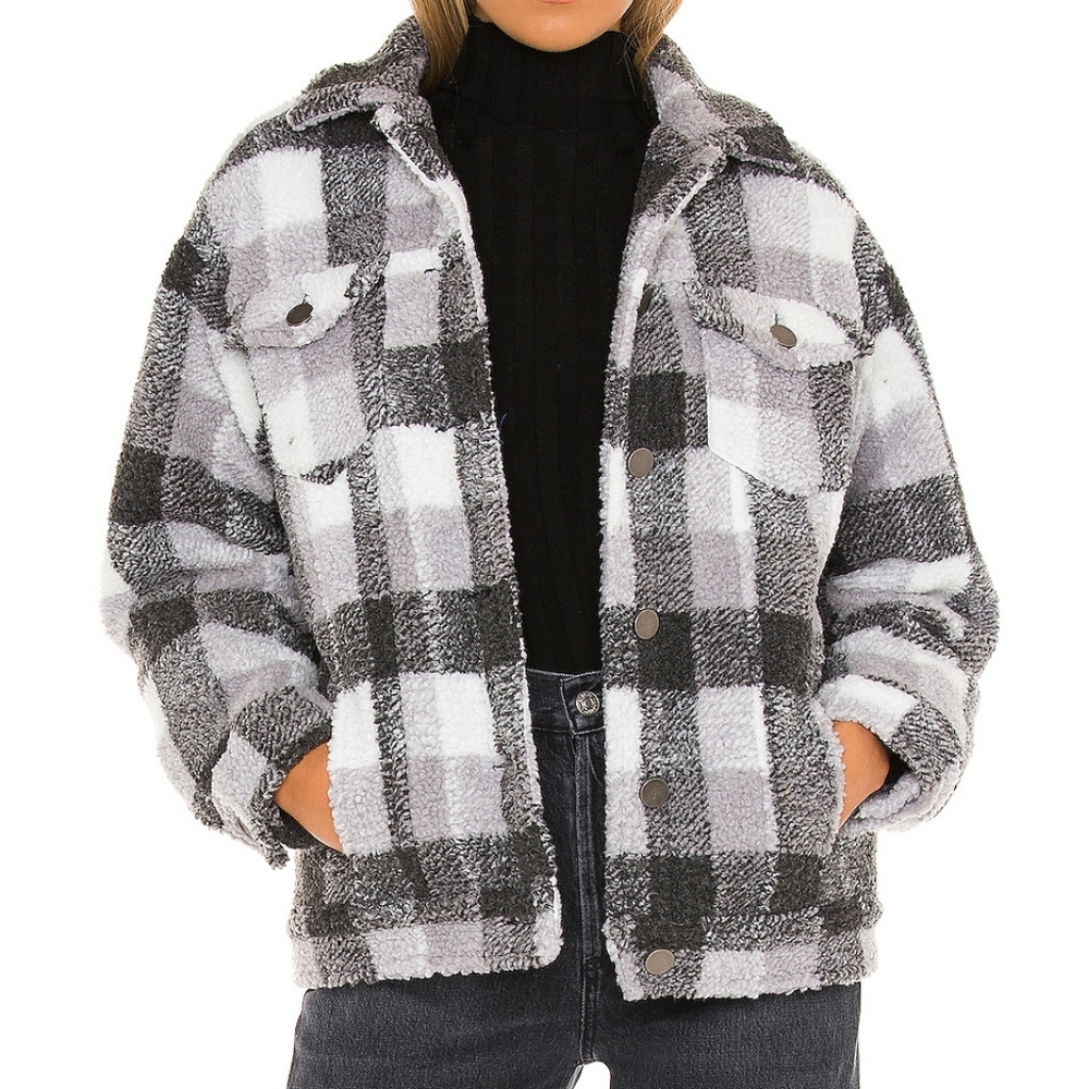 APPARIS NWT Kris Sherpa Jacket In Carbon Flannel Black & White Plaid Size L